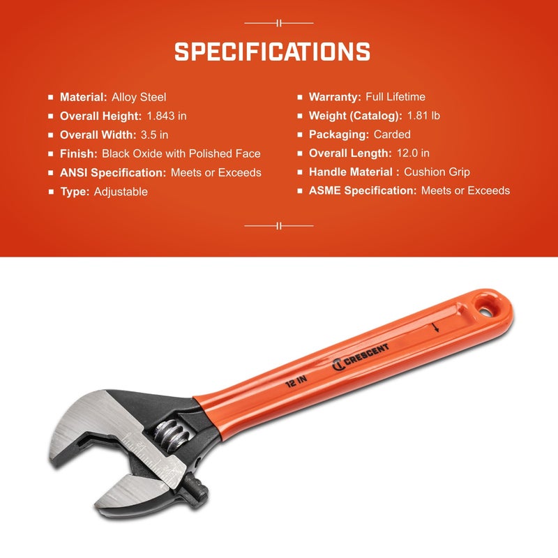 Crescent 12" Adjustable Black Oxide Cushion Grip Wrench - Carded - AT212CVS - Image 5